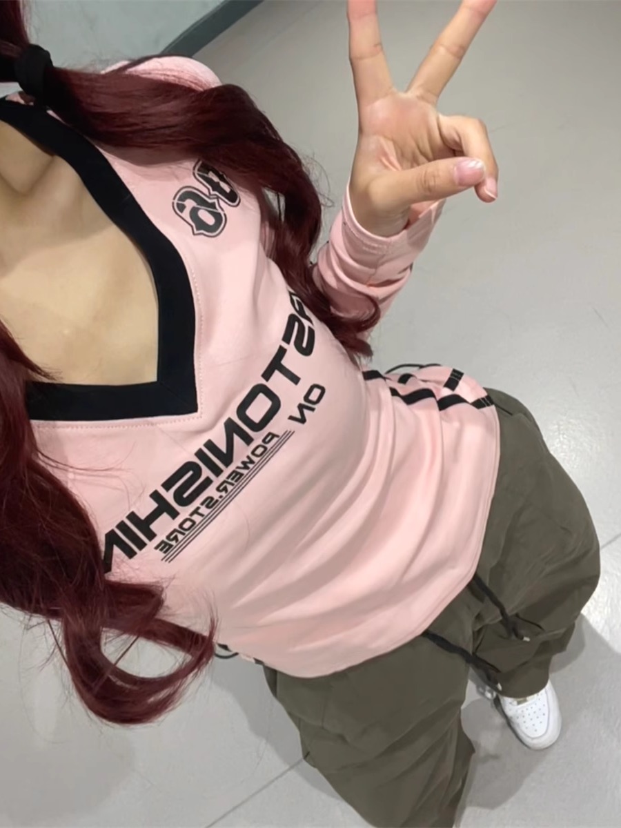 American Vintage Sweet Spicy Pink V-Neck Color Block Long Sleeve T-Shirt for Women - 2025 Autumn Jazz Dance Style