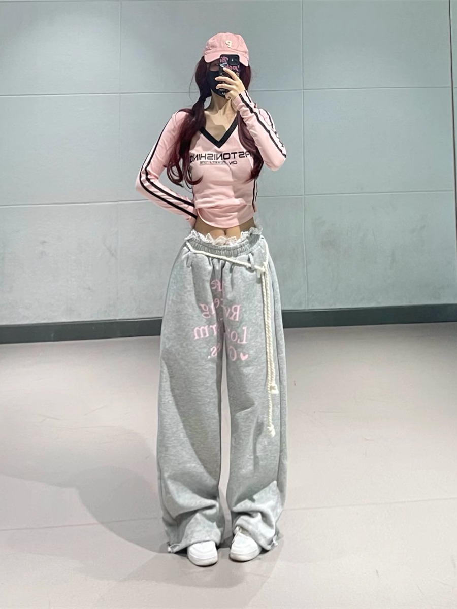 American Vintage Sweet Spicy Pink V-Neck Color Block Long Sleeve T-Shirt for Women - 2025 Autumn Jazz Dance Style