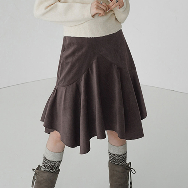 American Vintage Waist-Cinching Slimming Irregular A-Line Midi Skirt for Women in Melange Brown - Retro 90s Style American Vintage Waist-Cinching Slimming Irregular A-Line Midi Skirt for Women in Melange Brown - Retro 90s Style