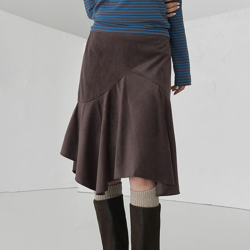 American Vintage Waist-Cinching Slimming Irregular A-Line Midi Skirt for Women in Melange Brown - Retro 90s Style American Vintage Waist-Cinching Slimming Irregular A-Line Midi Skirt for Women in Melange Brown - Retro 90s Style