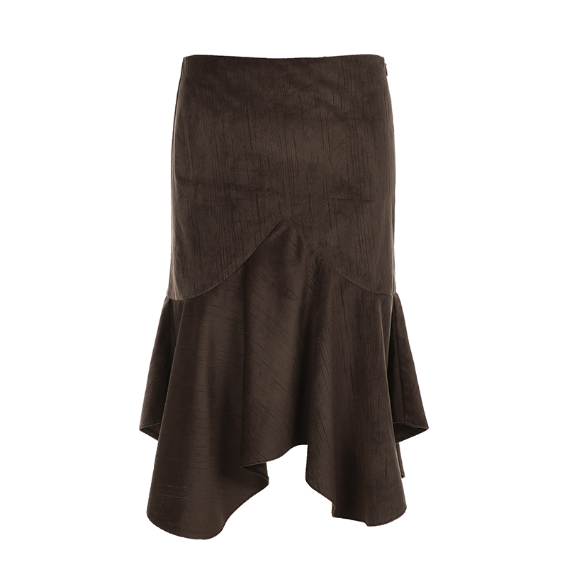 American Vintage Waist-Cinching Slimming Irregular A-Line Midi Skirt for Women in Melange Brown - Retro 90s Style