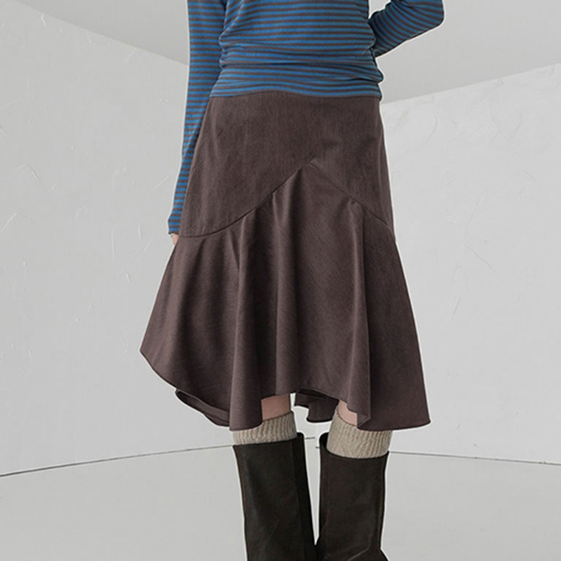 American Vintage Waist-Cinching Slimming Irregular A-Line Midi Skirt for Women in Melange Brown - Retro 90s Style American Vintage Waist-Cinching Slimming Irregular A-Line Midi Skirt for Women in Melange Brown - Retro 90s Style
