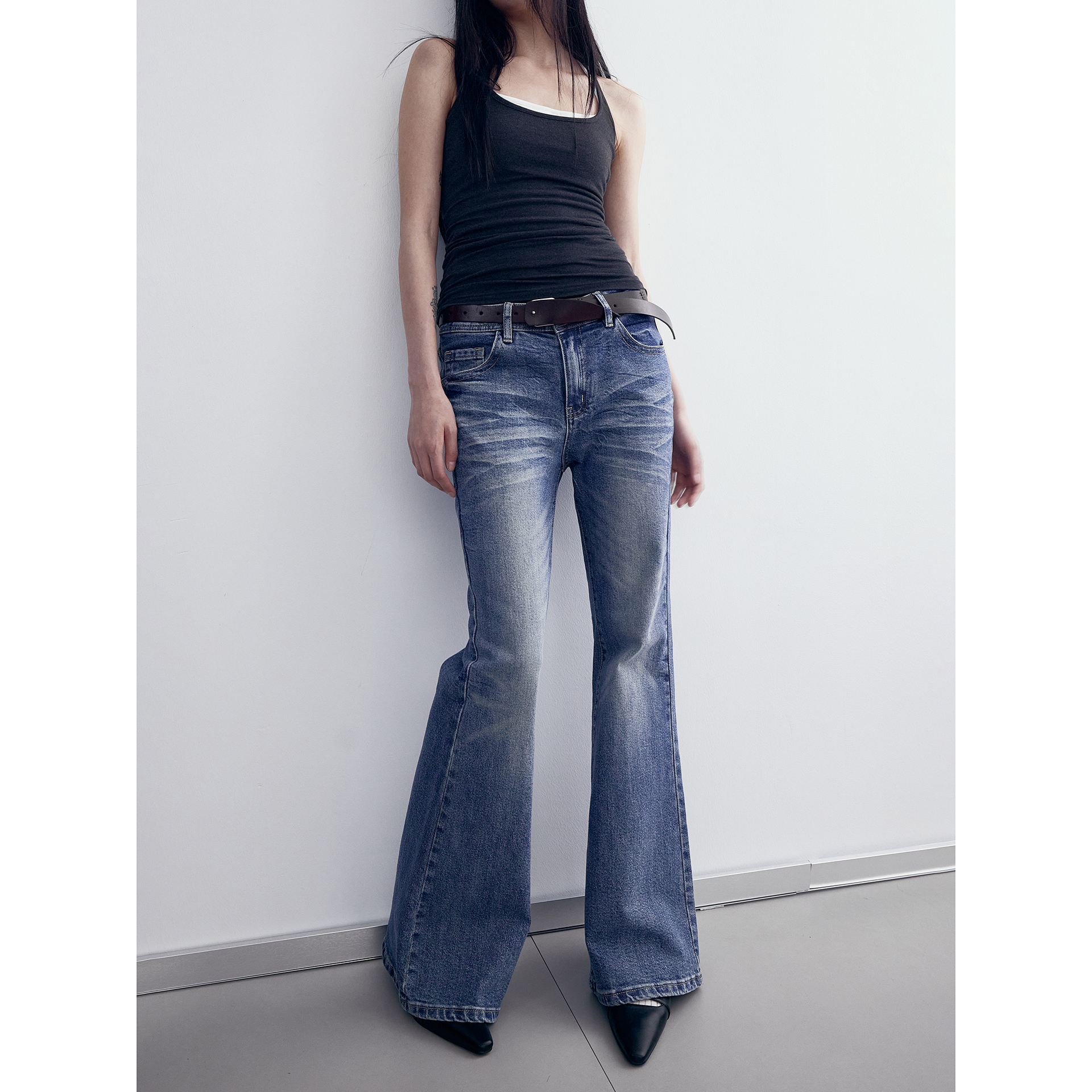 American Vintage Washed Cat Whisker Fitted Micro-Flare Jeans - Unisex Retro 90s Style Versatile Long Pants
