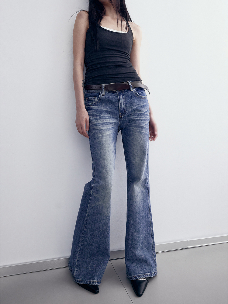 American Vintage Washed Cat Whisker Fitted Micro-Flare Jeans - Unisex Retro 90s Style Versatile Long Pants American Vintage Washed Cat Whisker Fitted Micro-Flare Jeans - Unisex Retro 90s Style Versatile Long Pants