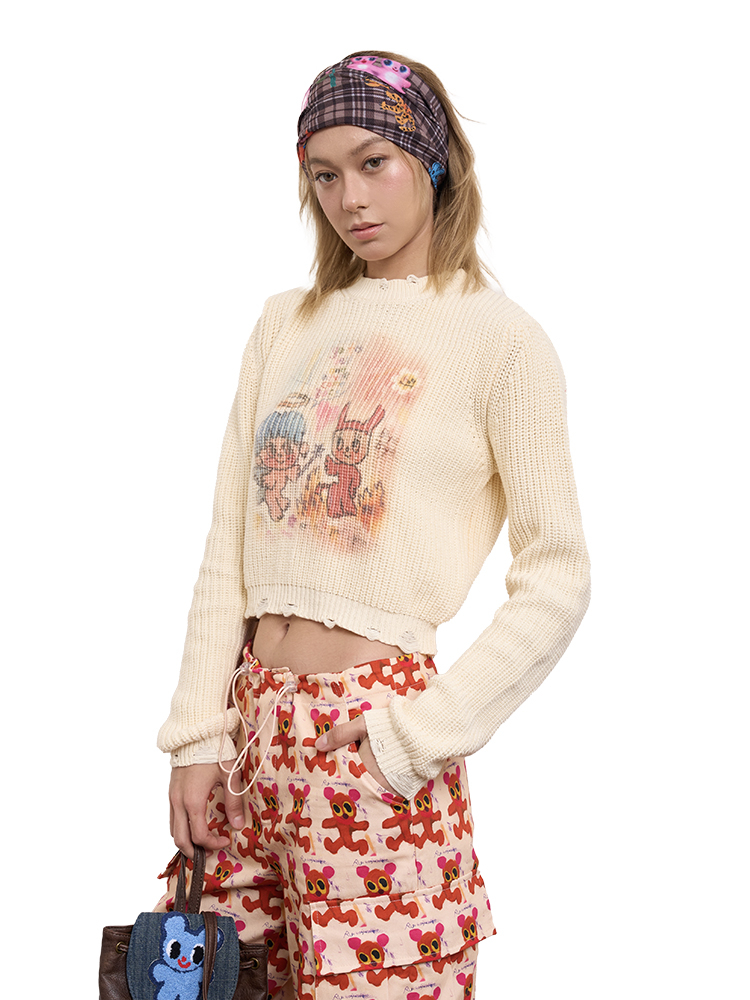 Angel Demon Print White Cotton Short Knit Sweater - Artist Original, Y2K Aesthetic, Cozy Fashion Top Angel Demon Print White Cotton Short Knit Sweater - Artist Original, Y2K Aesthetic, Cozy Fashion Top