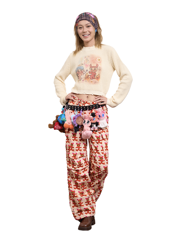 Angel Demon Print White Cotton Short Knit Sweater - Artist Original, Y2K Aesthetic, Cozy Fashion Top Angel Demon Print White Cotton Short Knit Sweater - Artist Original, Y2K Aesthetic, Cozy Fashion Top