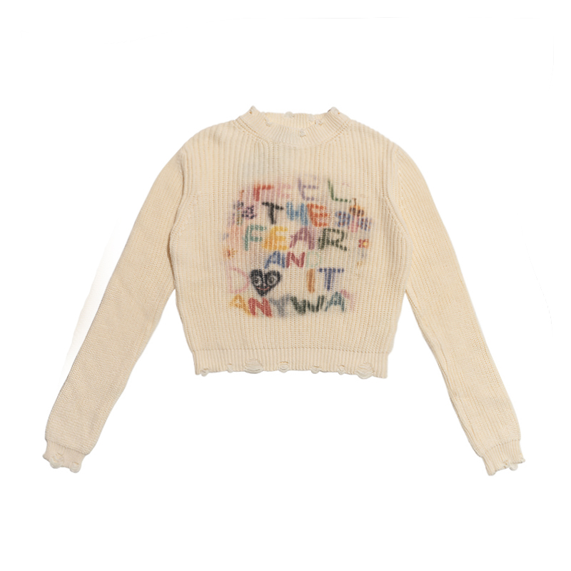 Angel Demon Print White Cotton Short Knit Sweater - Artist Original, Y2K Aesthetic, Cozy Fashion Top Angel Demon Print White Cotton Short Knit Sweater - Artist Original, Y2K Aesthetic, Cozy Fashion Top