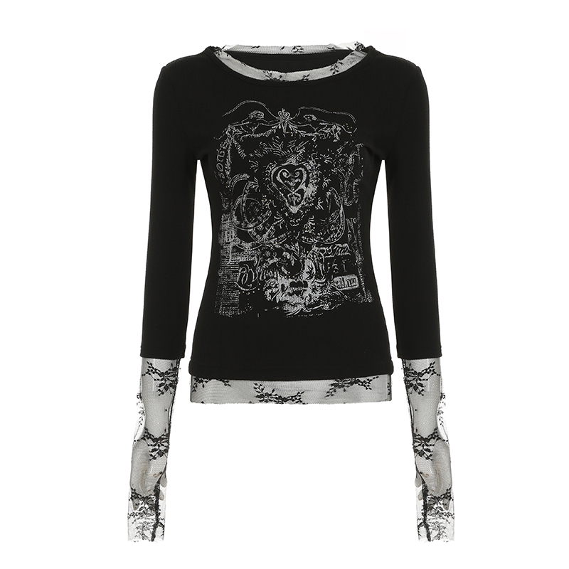 Angel Print Lace Splicing Long Sleeve T-Shirt - Vintage Slim Fit Round Neck Top for Autumn, 90s Inspired Subculture Style Angel Print Lace Splicing Long Sleeve T-Shirt - Vintage Slim Fit Round Neck Top for Autumn, 90s Inspired Subculture Style