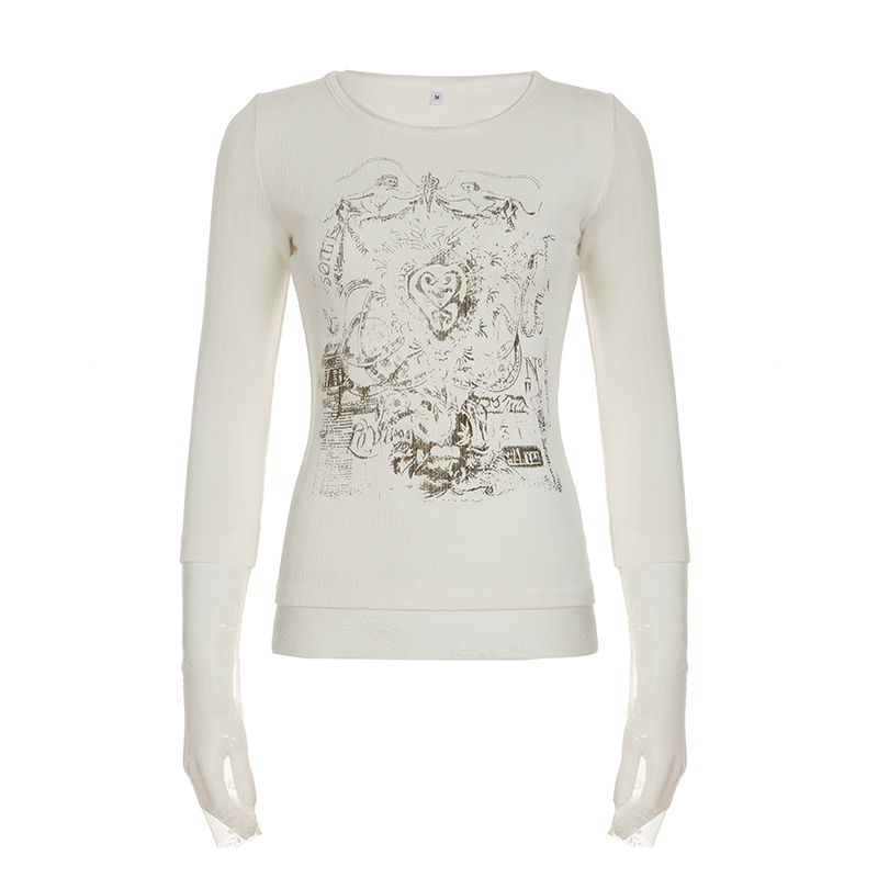 Angel Print Lace Splicing Long Sleeve T-Shirt - Vintage Slim Fit Round Neck Top for Autumn, 90s Inspired Subculture Style Angel Print Lace Splicing Long Sleeve T-Shirt - Vintage Slim Fit Round Neck Top for Autumn, 90s Inspired Subculture Style
