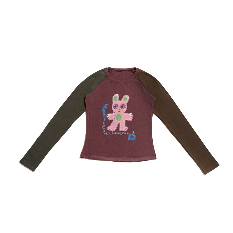 Artist Original Rabbit and Mandarin Duck Print Raglan Long Sleeve T-Shirt - Slim Fit Base Layer for Y2K Style