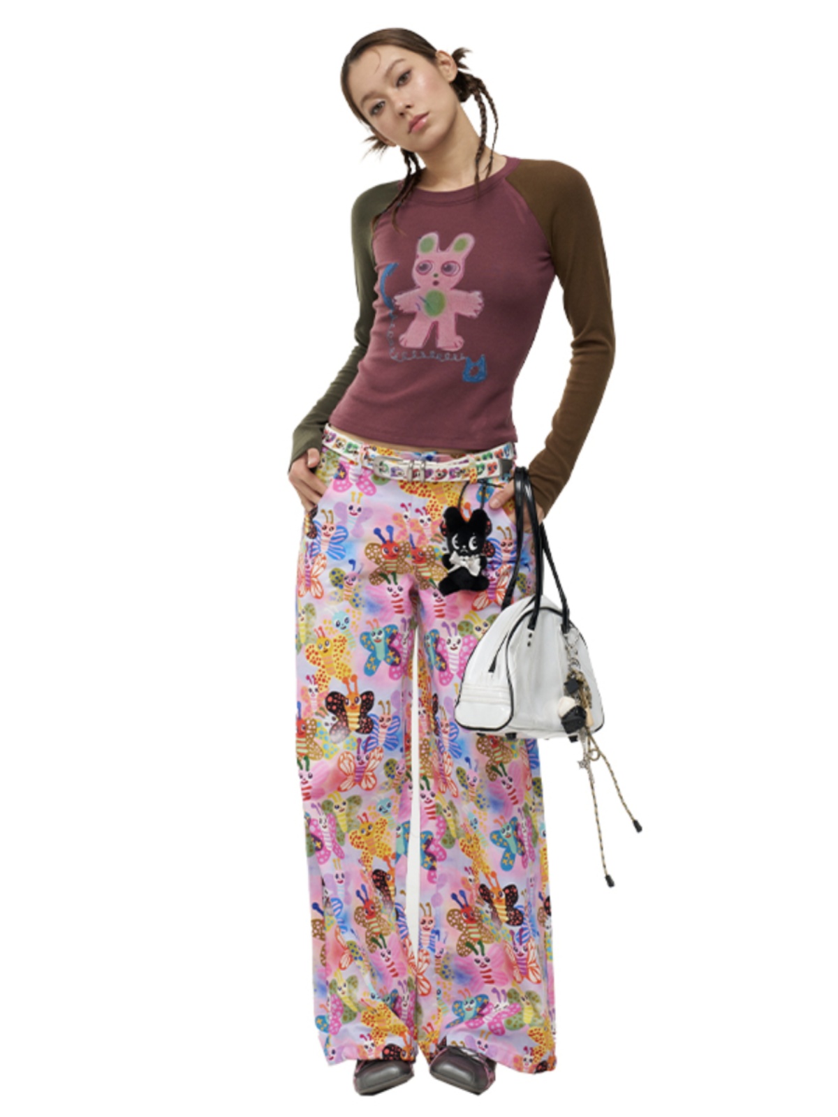 Artist Original Rabbit and Mandarin Duck Print Raglan Long Sleeve T-Shirt - Slim Fit Base Layer for Y2K Style