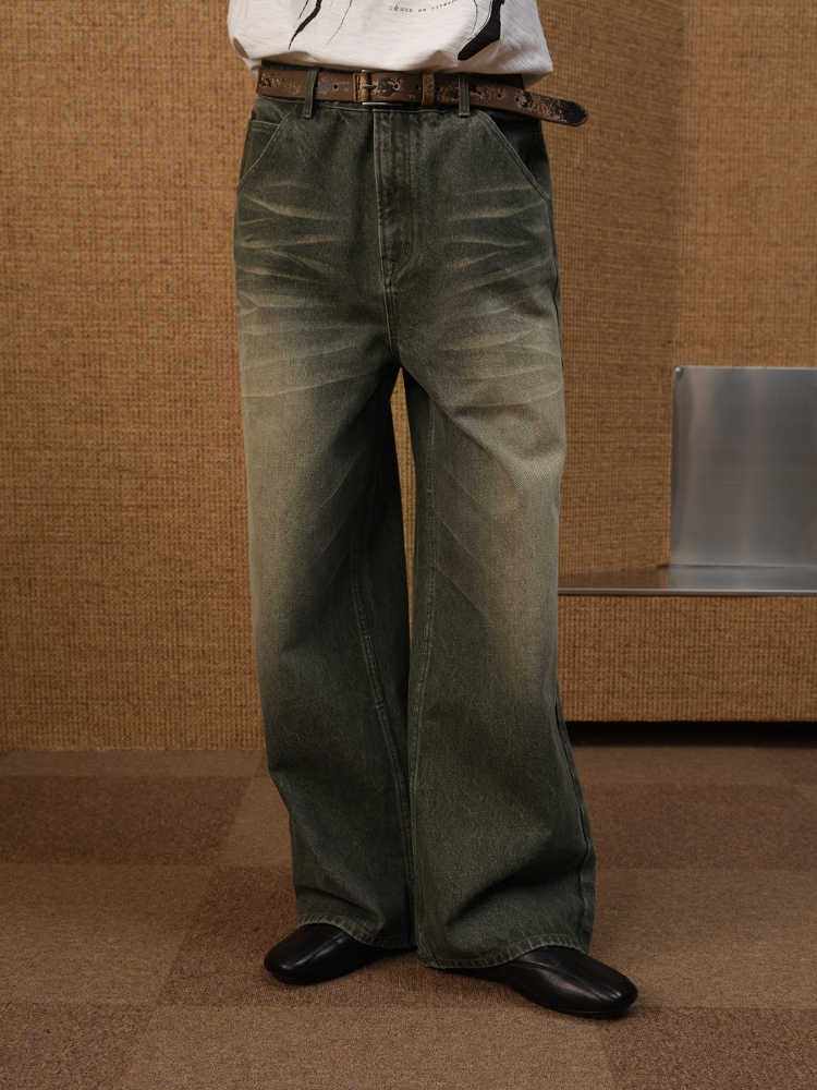 Ash Green Straight-Leg Jeans with Natural Whiskering - Hand-Finished 13OZ Denim Trousers, Y2K Inspired Style Ash Green Straight-Leg Jeans with Natural Whiskering - Hand-Finished 13OZ Denim Trousers, Y2K Inspired Style