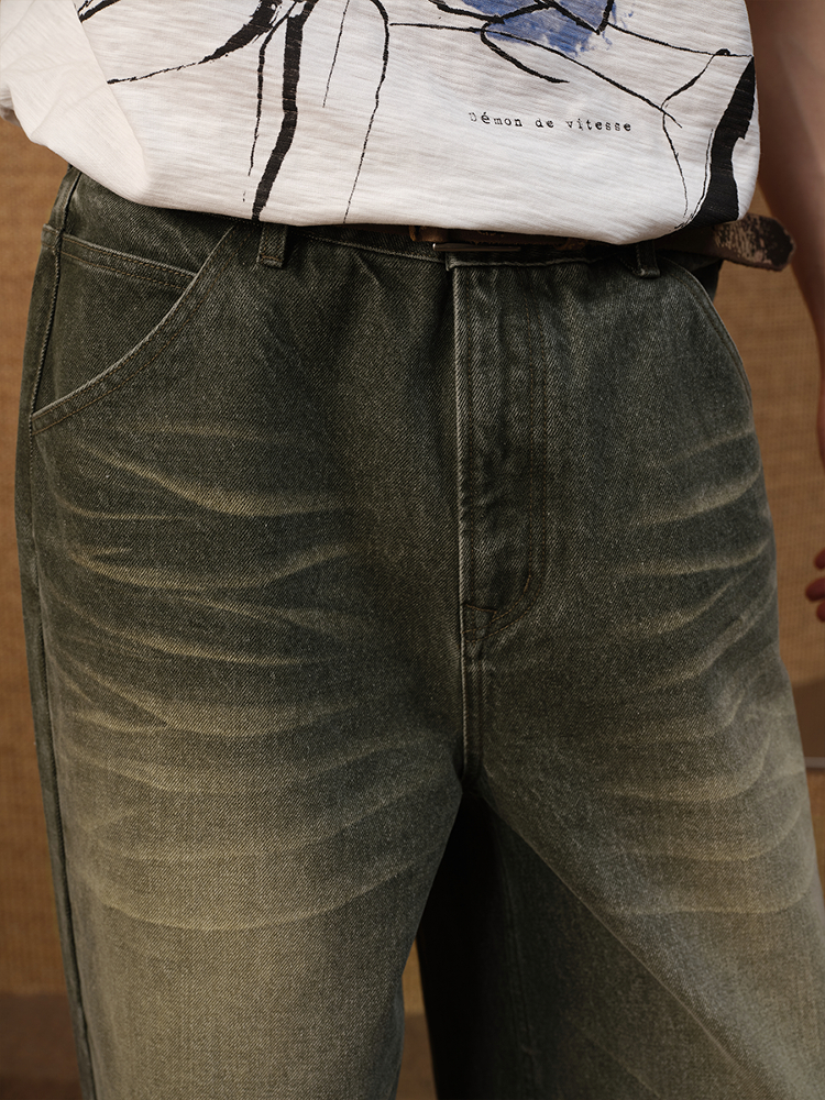 Ash Green Straight-Leg Jeans with Natural Whiskering - Hand-Finished 13OZ Denim Trousers, Y2K Inspired Style Ash Green Straight-Leg Jeans with Natural Whiskering - Hand-Finished 13OZ Denim Trousers, Y2K Inspired Style