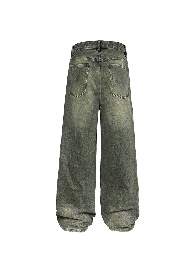Ash Green Straight-Leg Jeans with Natural Whiskering - Hand-Finished 13OZ Denim Trousers, Y2K Inspired Style Ash Green Straight-Leg Jeans with Natural Whiskering - Hand-Finished 13OZ Denim Trousers, Y2K Inspired Style
