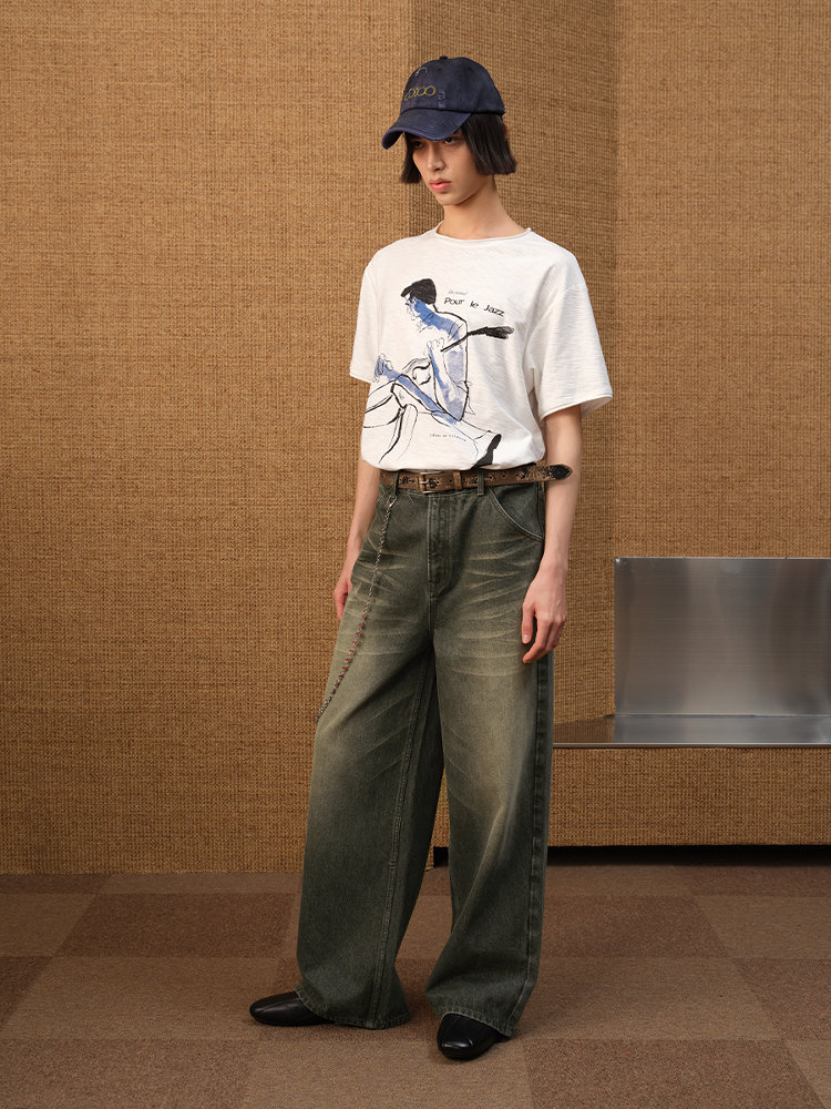 Ash Green Straight-Leg Jeans with Natural Whiskering - Hand-Finished 13OZ Denim Trousers, Y2K Inspired Style Ash Green Straight-Leg Jeans with Natural Whiskering - Hand-Finished 13OZ Denim Trousers, Y2K Inspired Style