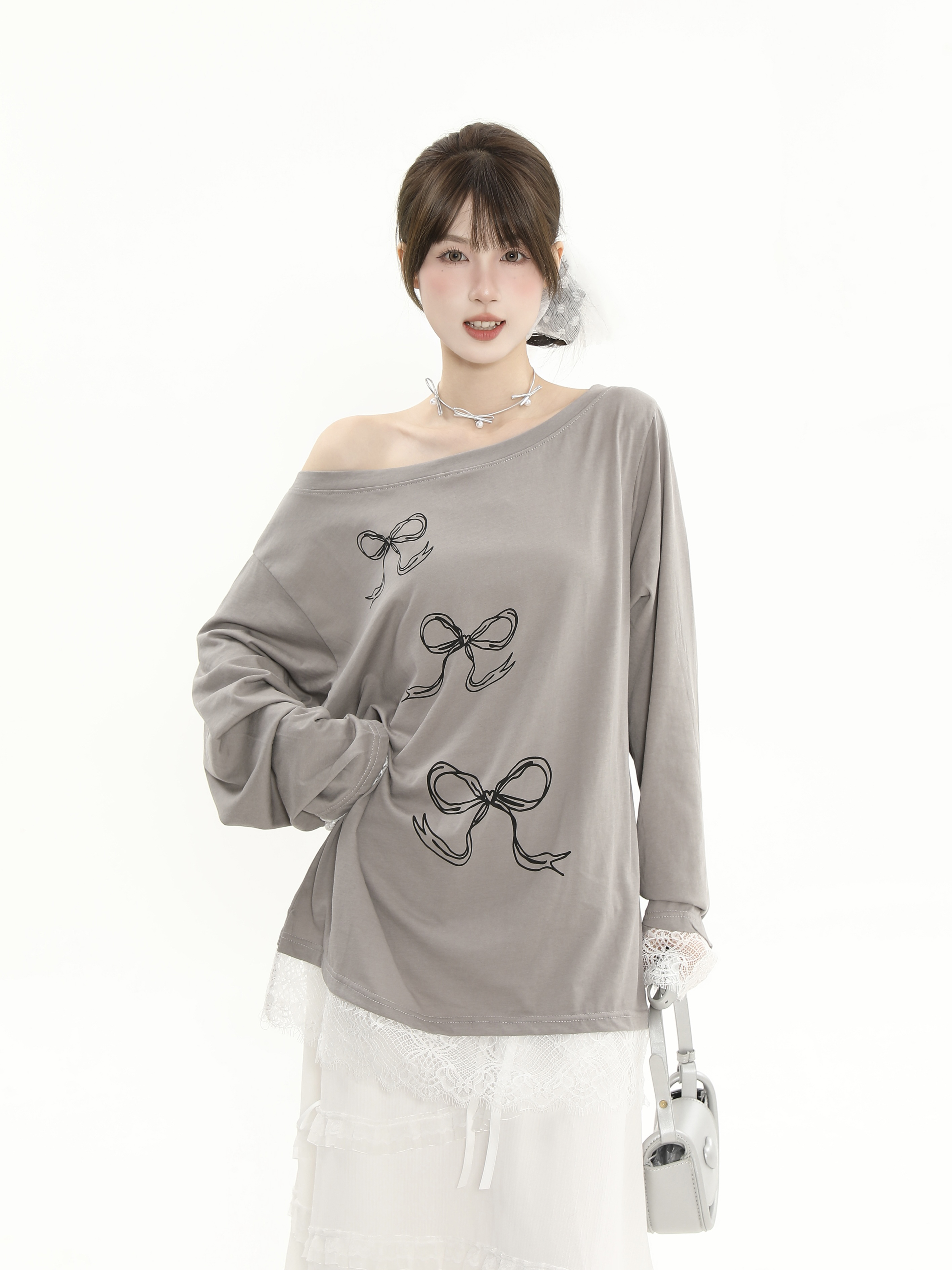 Asymmetrical Collar Off-Shoulder Bowknot Printed Long Sleeve T-Shirt with Lace Splicing - Women's Loose Sun Protection Cover-Up