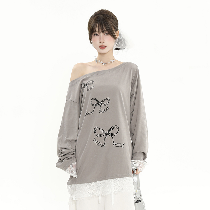 Asymmetrical Collar Off-Shoulder Bowknot Printed Long Sleeve T-Shirt with Lace Splicing - Women's Loose Sun Protection Cover-Up