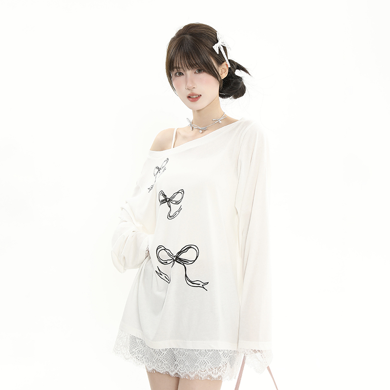 Asymmetrical Collar Off-Shoulder Bowknot Printed Long Sleeve T-Shirt with Lace Splicing - Women's Loose Sun Protection Cover-Up Asymmetrical Collar Off-Shoulder Bowknot Printed Long Sleeve T-Shirt with Lace Splicing - Women's Loose Sun Protection Cover-Up
