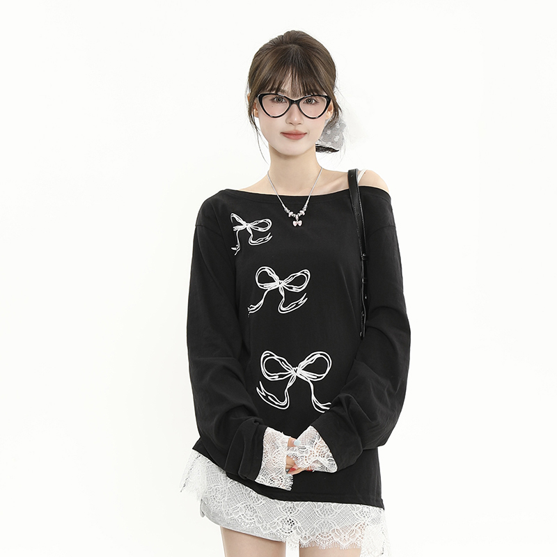 Asymmetrical Collar Off-Shoulder Bowknot Printed Long Sleeve T-Shirt with Lace Splicing - Women's Loose Sun Protection Cover-Up Asymmetrical Collar Off-Shoulder Bowknot Printed Long Sleeve T-Shirt with Lace Splicing - Women's Loose Sun Protection Cover-Up