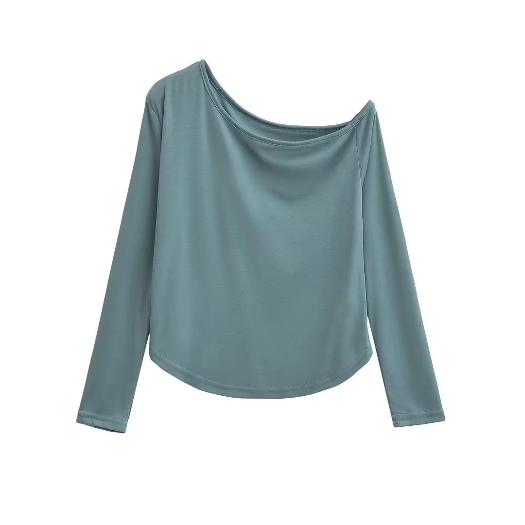 Asymmetrical Loose Draped Long Sleeve Off-Shoulder T-Shirt - Women's Green Jazz Dance Cover-Up for Autumn Winter Fashion Asymmetrical Loose Draped Long Sleeve Off-Shoulder T-Shirt - Women's Green Jazz Dance Cover-Up for Autumn Winter Fashion