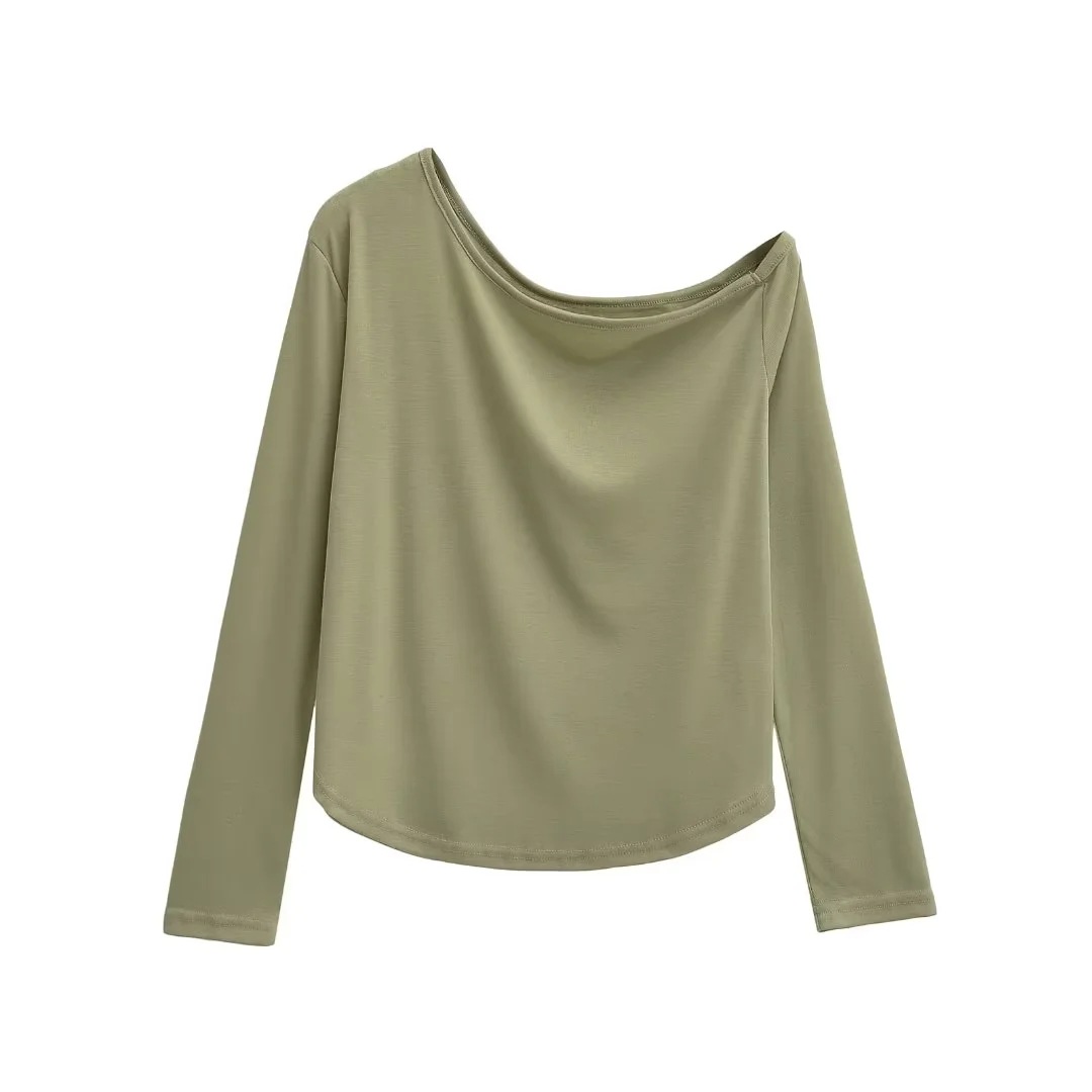 Asymmetrical Loose Draped Long Sleeve Off-Shoulder T-Shirt - Women's Green Jazz Dance Cover-Up for Autumn Winter Fashion