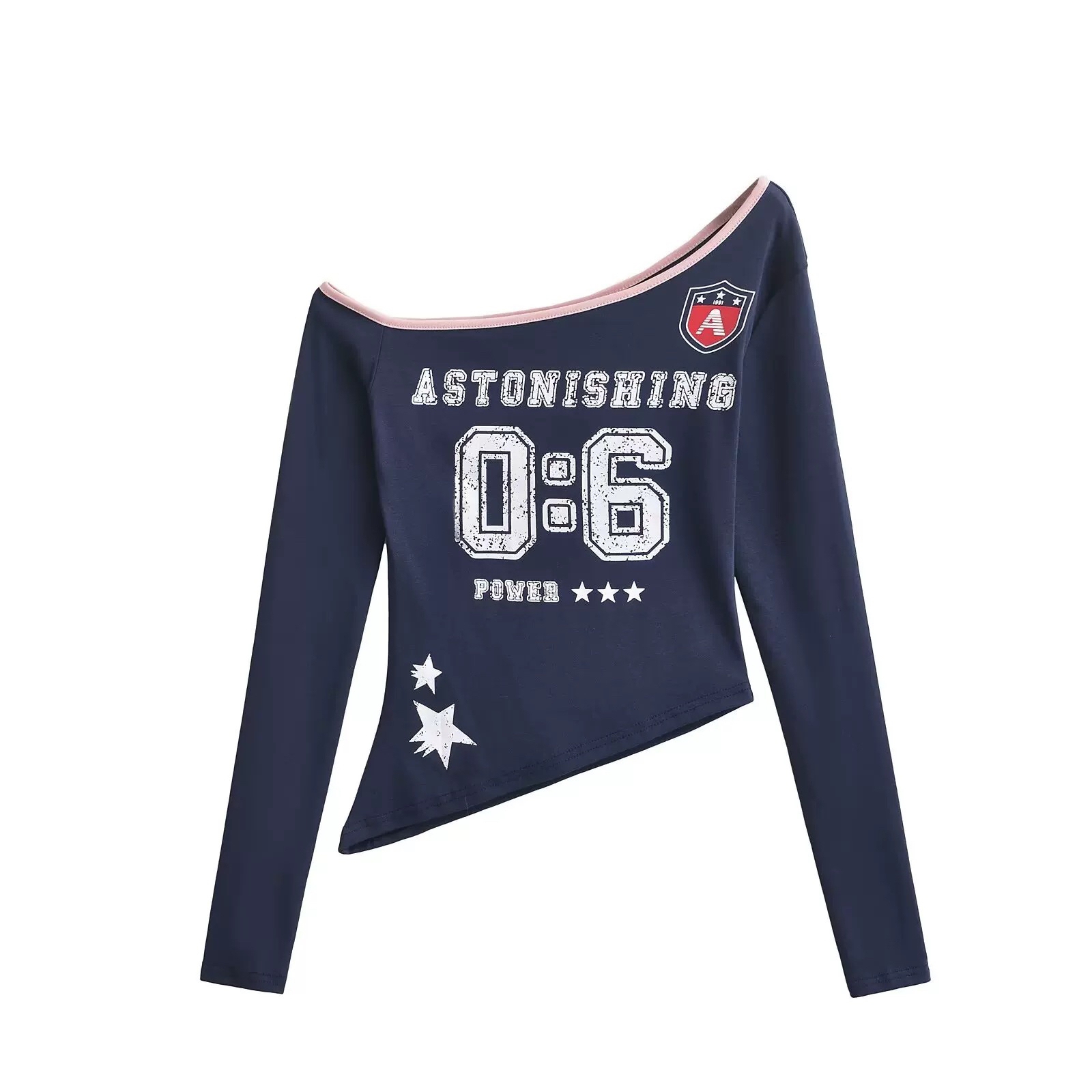 Asymmetrical Off-Shoulder Long Sleeve T-Shirt with Jazz Dance Letter Design - Sexy Shoulder-Baring Top for Women, Y2K Style Asymmetrical Off-Shoulder Long Sleeve T-Shirt with Jazz Dance Letter Design - Sexy Shoulder-Baring Top for Women, Y2K Style