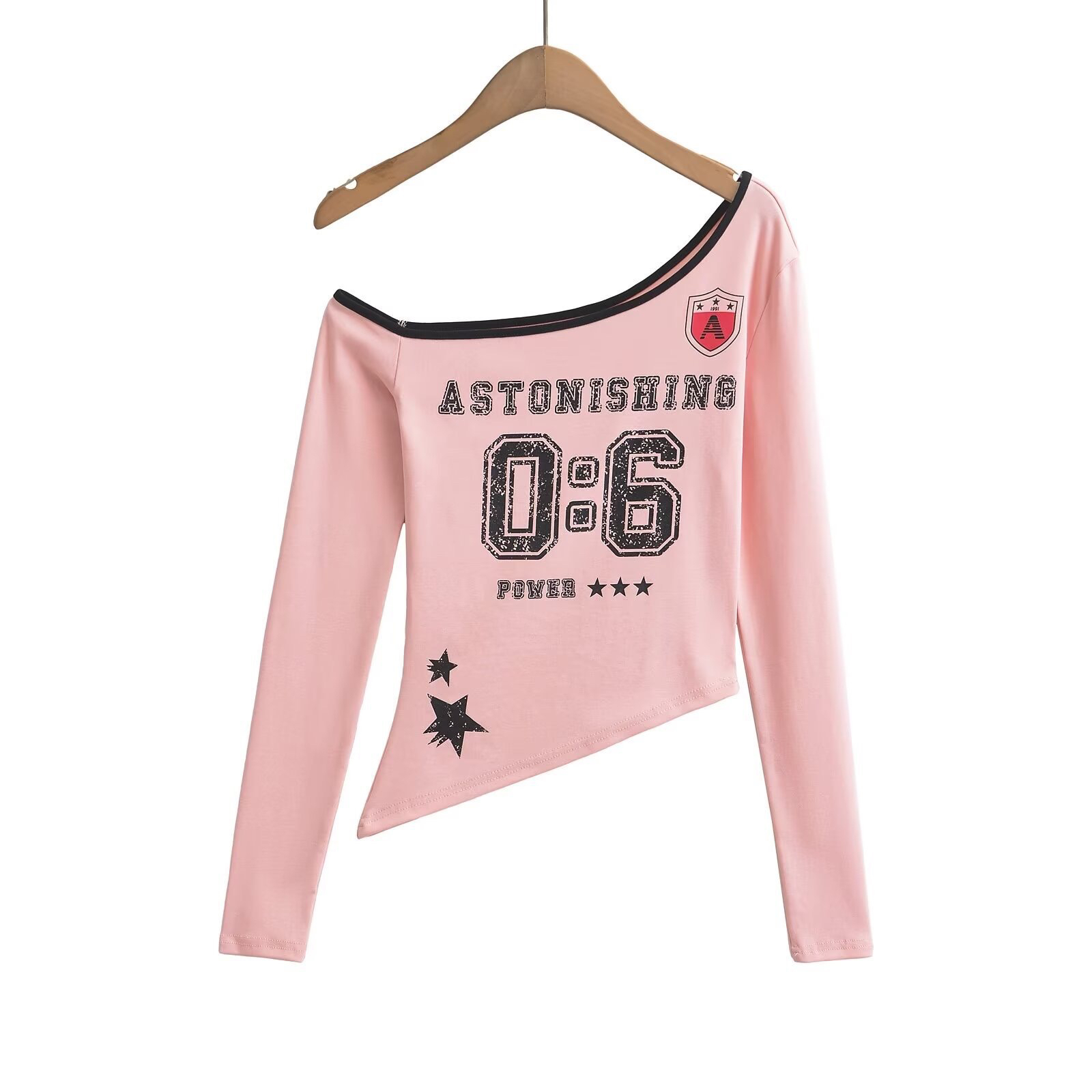 Asymmetrical Off-Shoulder Long Sleeve T-Shirt with Jazz Dance Letter Design - Sexy Shoulder-Baring Top for Women, Y2K Style Asymmetrical Off-Shoulder Long Sleeve T-Shirt with Jazz Dance Letter Design - Sexy Shoulder-Baring Top for Women, Y2K Style