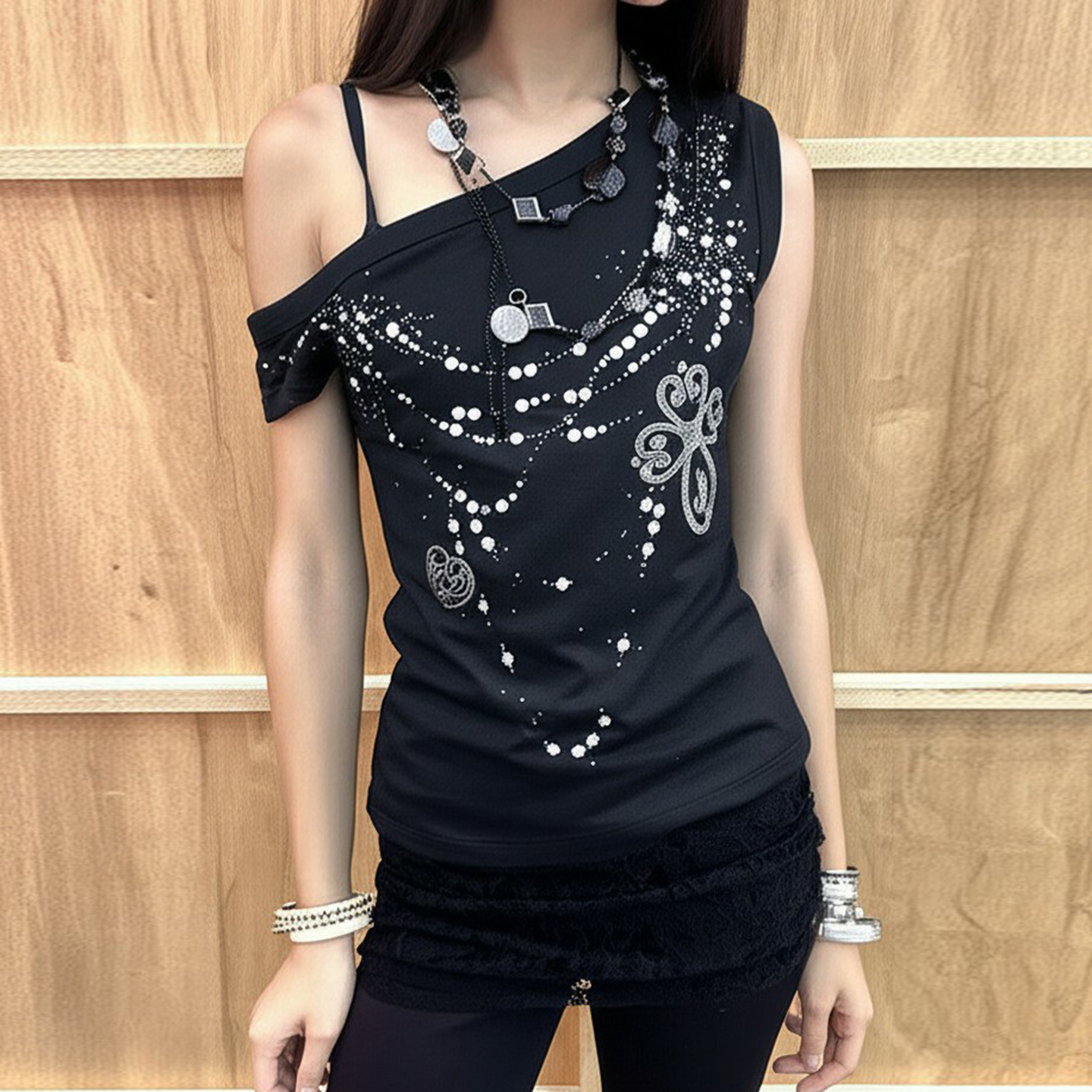 Asymmetrical Rhinestone Printed Tank Top - Wasteland Punk Dark Style Street Fashion Asymmetrical Rhinestone Printed Tank Top - Wasteland Punk Dark Style Street Fashion