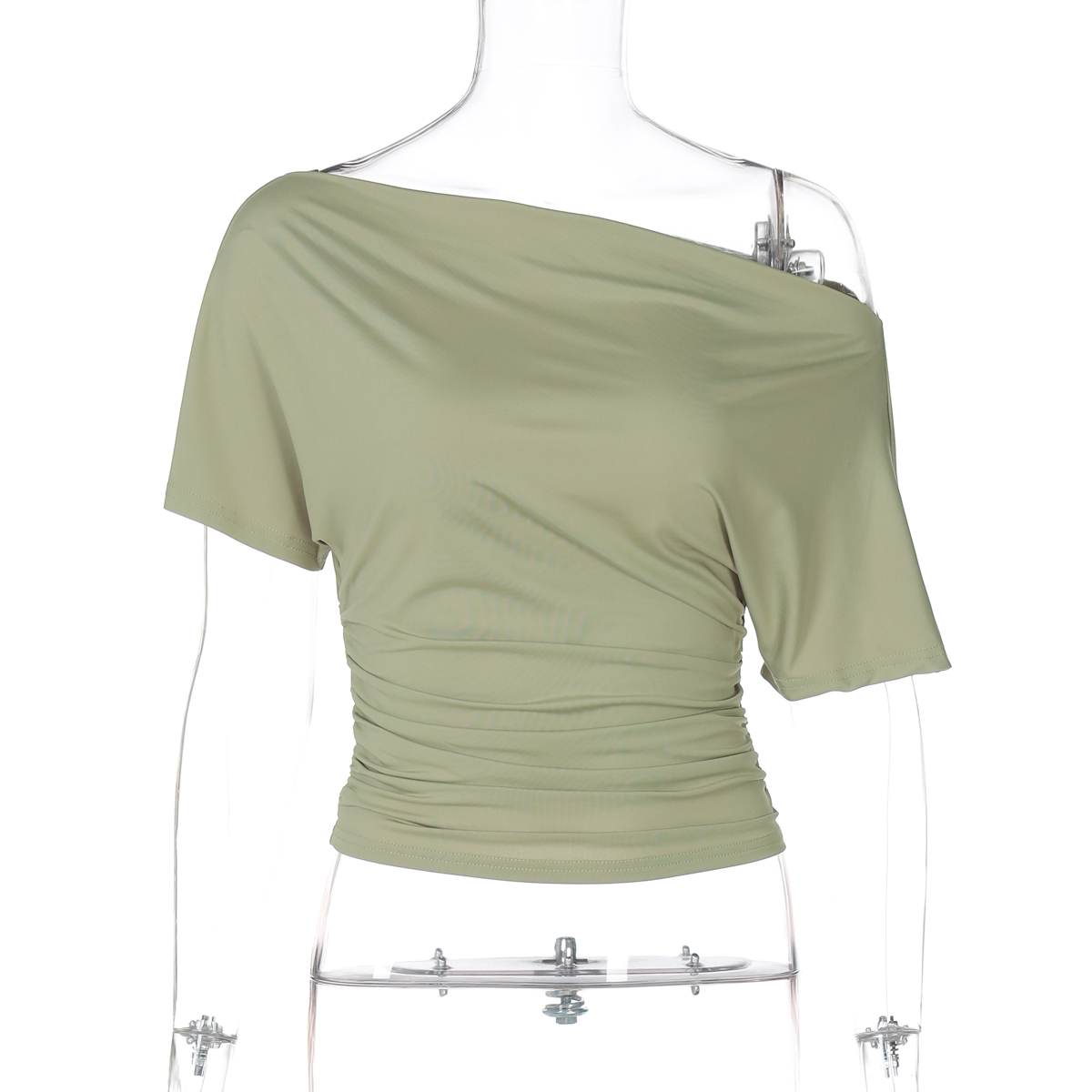 Asymmetrical Short-Sleeve T-Shirt for Women - Pleated High-Waisted Slim Fit, Trendy Summer Top, Versatile Fashion Essential