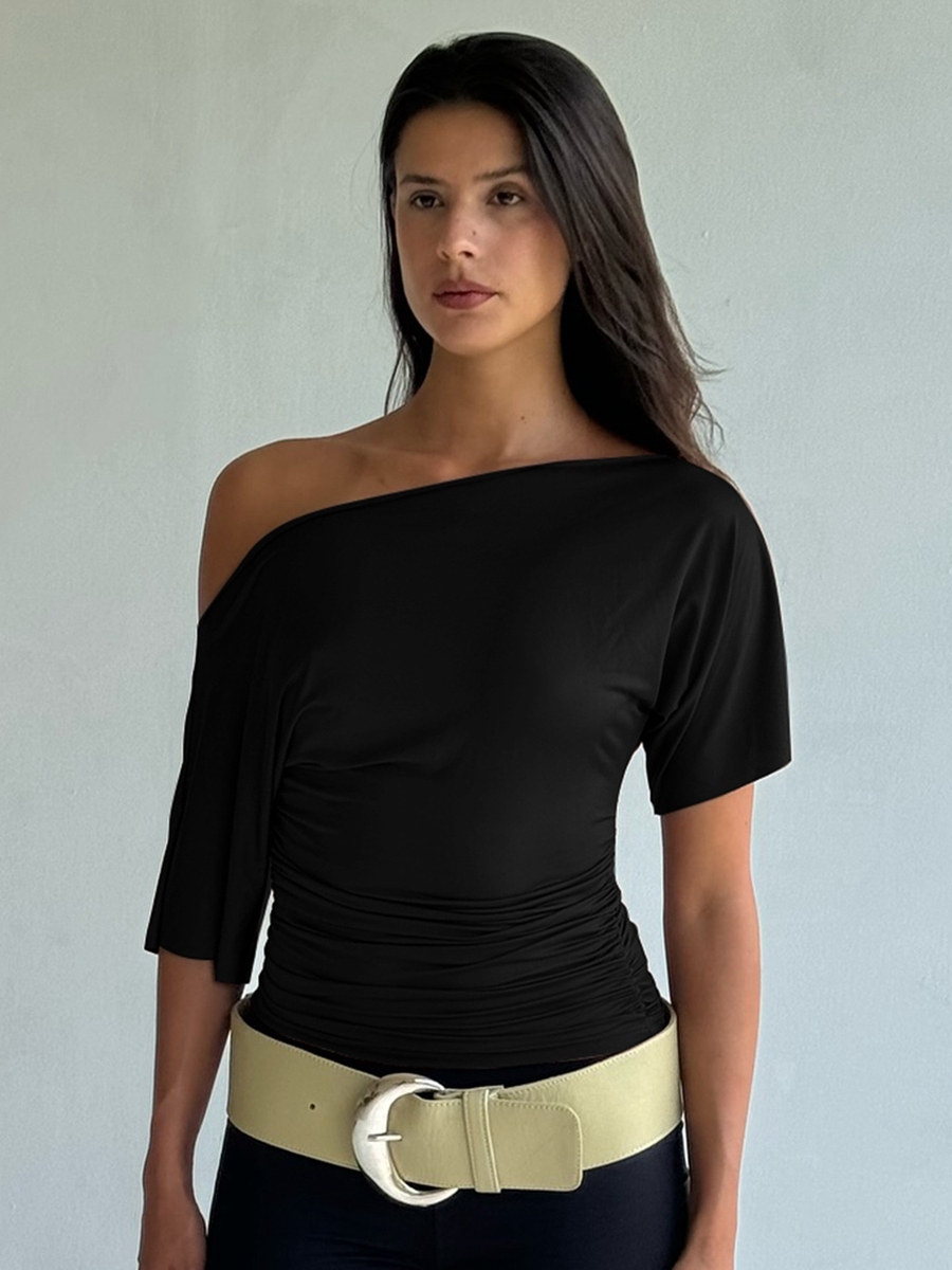 Asymmetrical Short-Sleeve T-Shirt for Women - Pleated High-Waisted Slim Fit, Trendy Summer Top, Versatile Fashion Essential