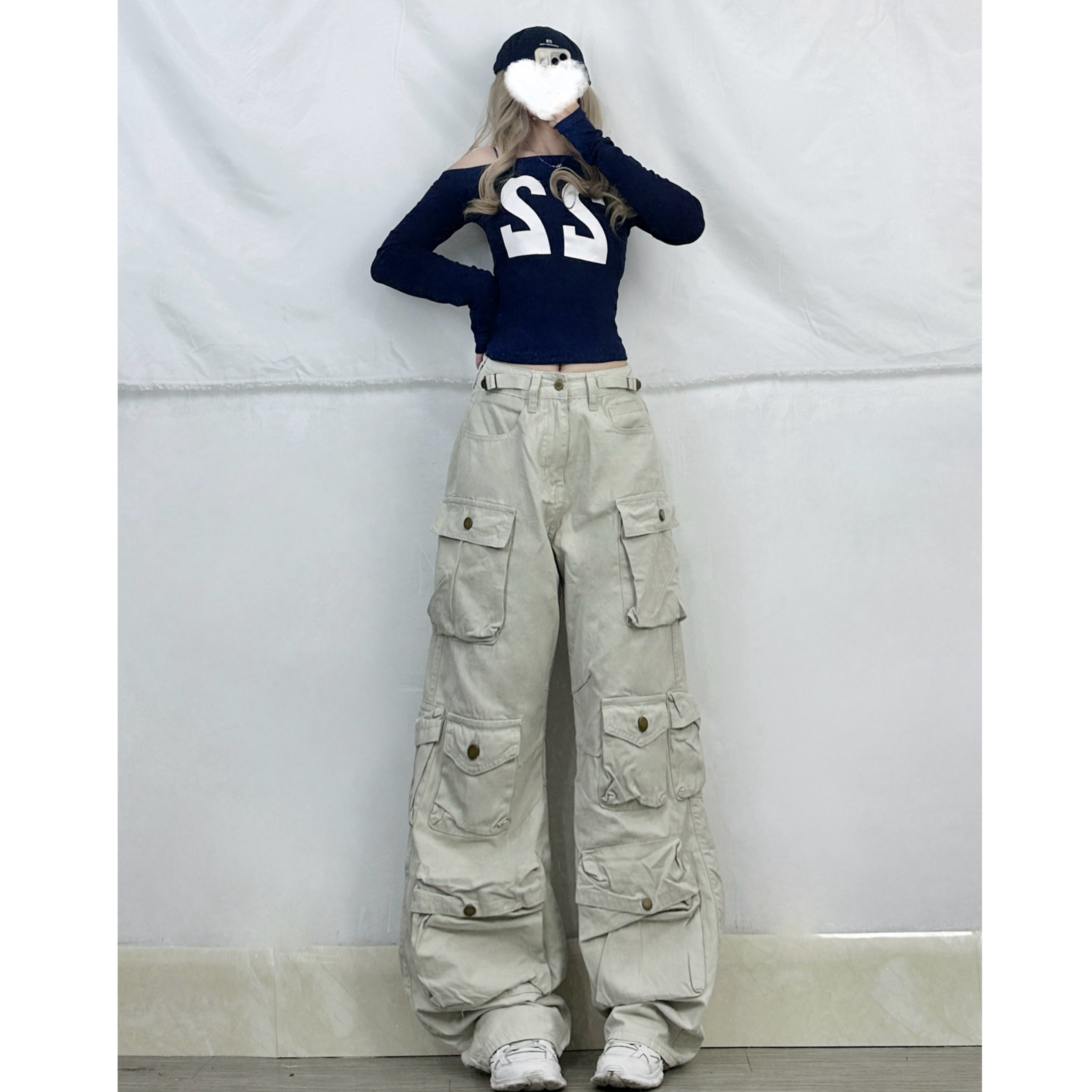 Asymmetrical Shoulder Letter Print Top & Hip-Hop Cargo Pants Jazz Dance Outfit for Women - Trendy Y2K Style