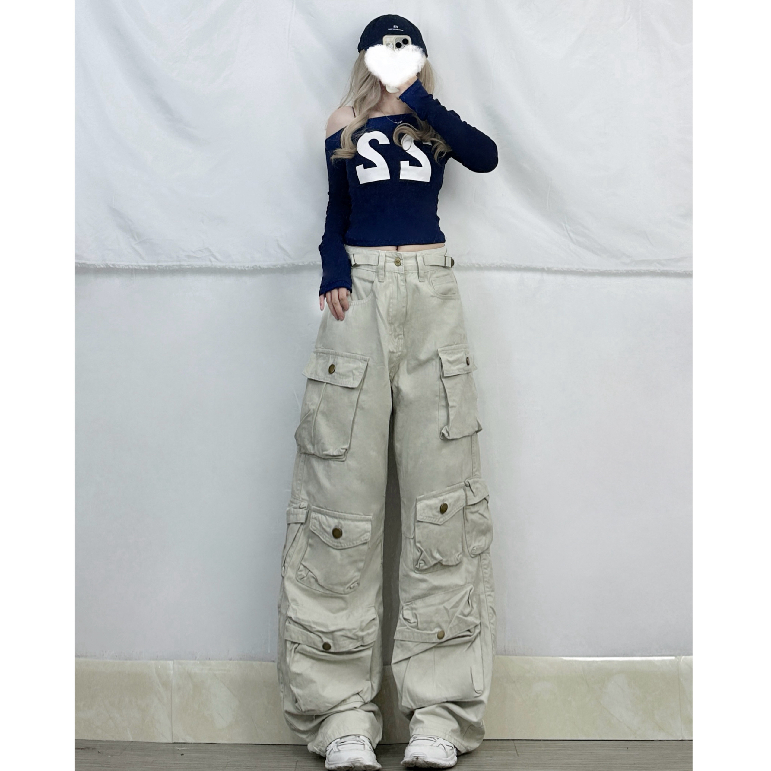 Asymmetrical Shoulder Letter Print Top & Hip-Hop Cargo Pants Jazz Dance Outfit for Women - Trendy Y2K Style Asymmetrical Shoulder Letter Print Top & Hip-Hop Cargo Pants Jazz Dance Outfit for Women - Trendy Y2K Style