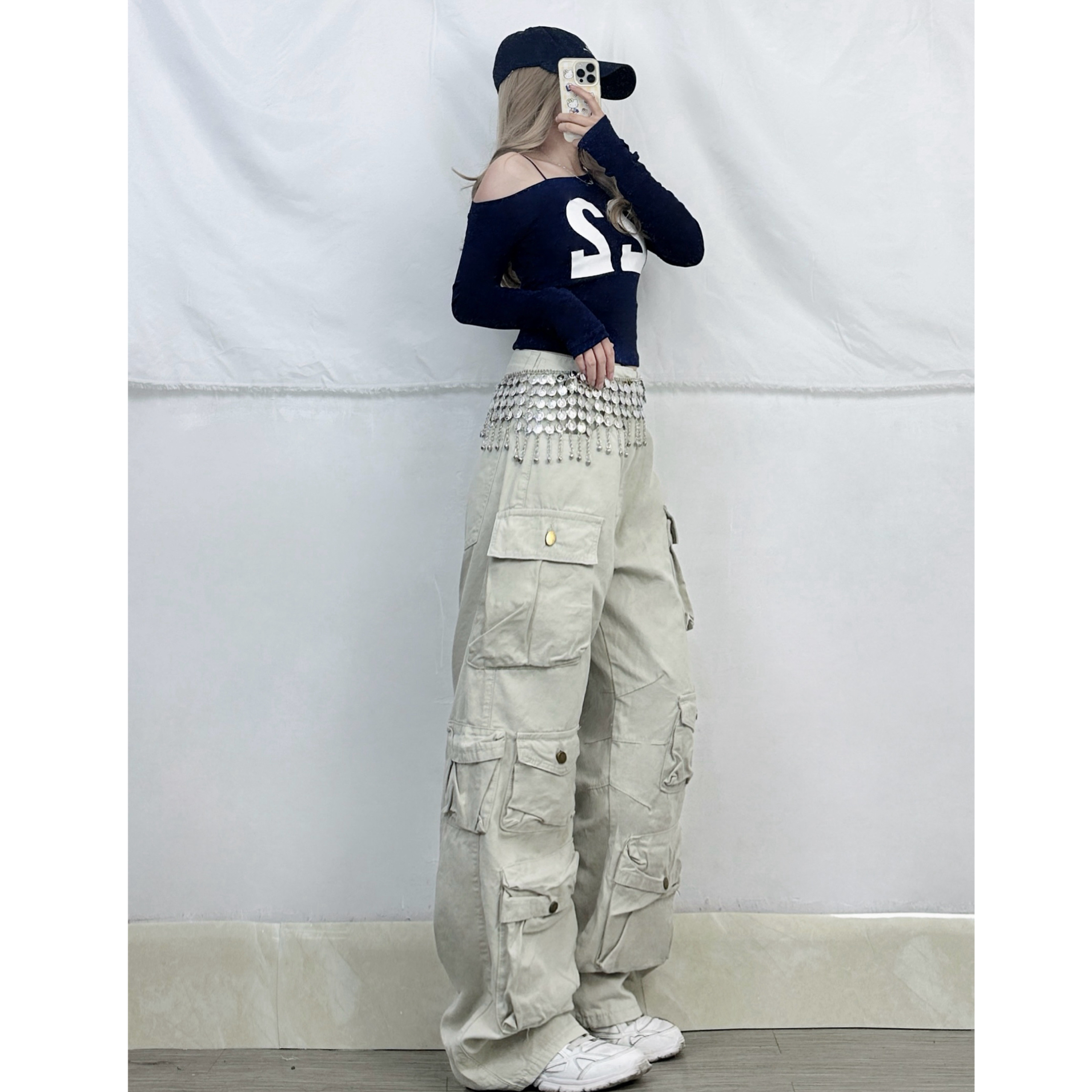 Asymmetrical Shoulder Letter Print Top & Hip-Hop Cargo Pants Jazz Dance Outfit for Women - Trendy Y2K Style Asymmetrical Shoulder Letter Print Top & Hip-Hop Cargo Pants Jazz Dance Outfit for Women - Trendy Y2K Style