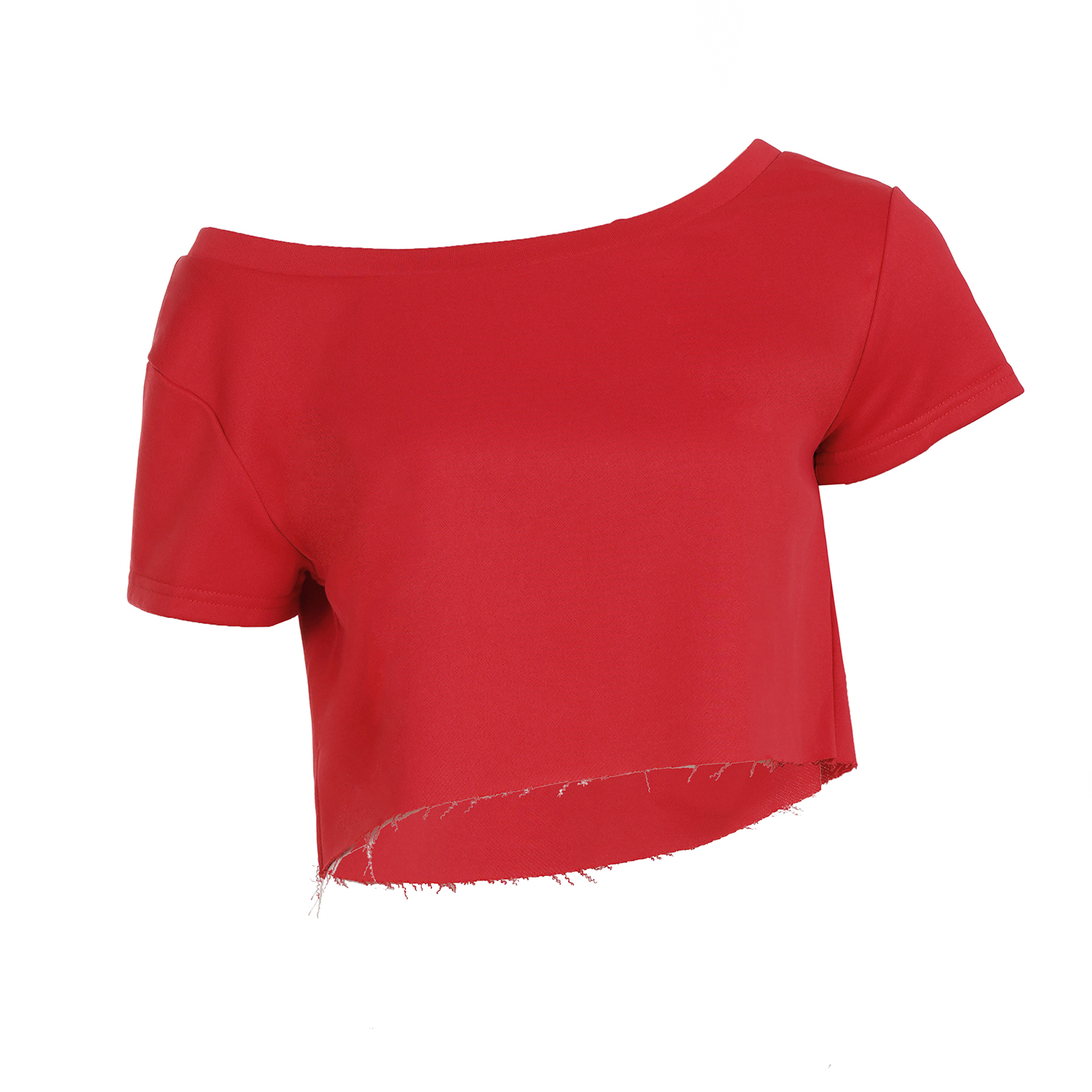 Asymmetrical Shoulder Red T-Shirt - Distressed Ultra-Short Hot Girl Street Style Top for European and American Sports Babe Fashion