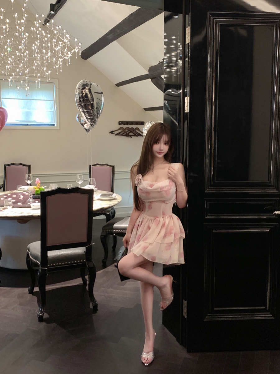 Asymmetrical Shoulder Strap Pink Rose Floral Waist-Defined Summer Dress - Y2K Style, Trendy Women's Casual Dress Asymmetrical Shoulder Strap Pink Rose Floral Waist-Defined Summer Dress - Y2K Style, Trendy Women's Casual Dress