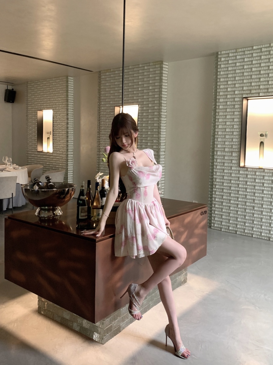 Asymmetrical Shoulder Strap Pink Rose Floral Waist-Defined Summer Dress - Y2K Style, Trendy Women's Casual Dress Asymmetrical Shoulder Strap Pink Rose Floral Waist-Defined Summer Dress - Y2K Style, Trendy Women's Casual Dress