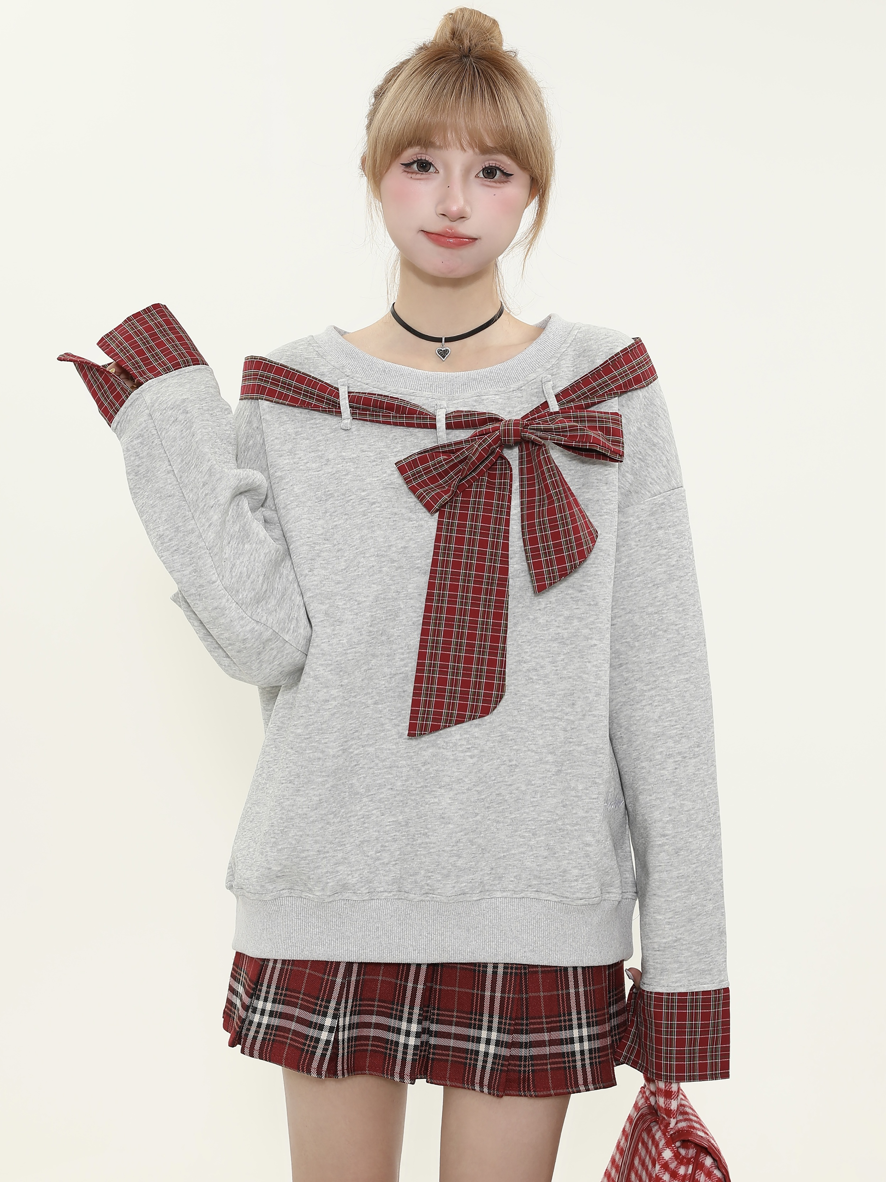 Asymmetrical Shoulder Tie Bow Sweatshirt - Spliced Plaid Casual Loose Slimming Top for Women - Y2K Fashion