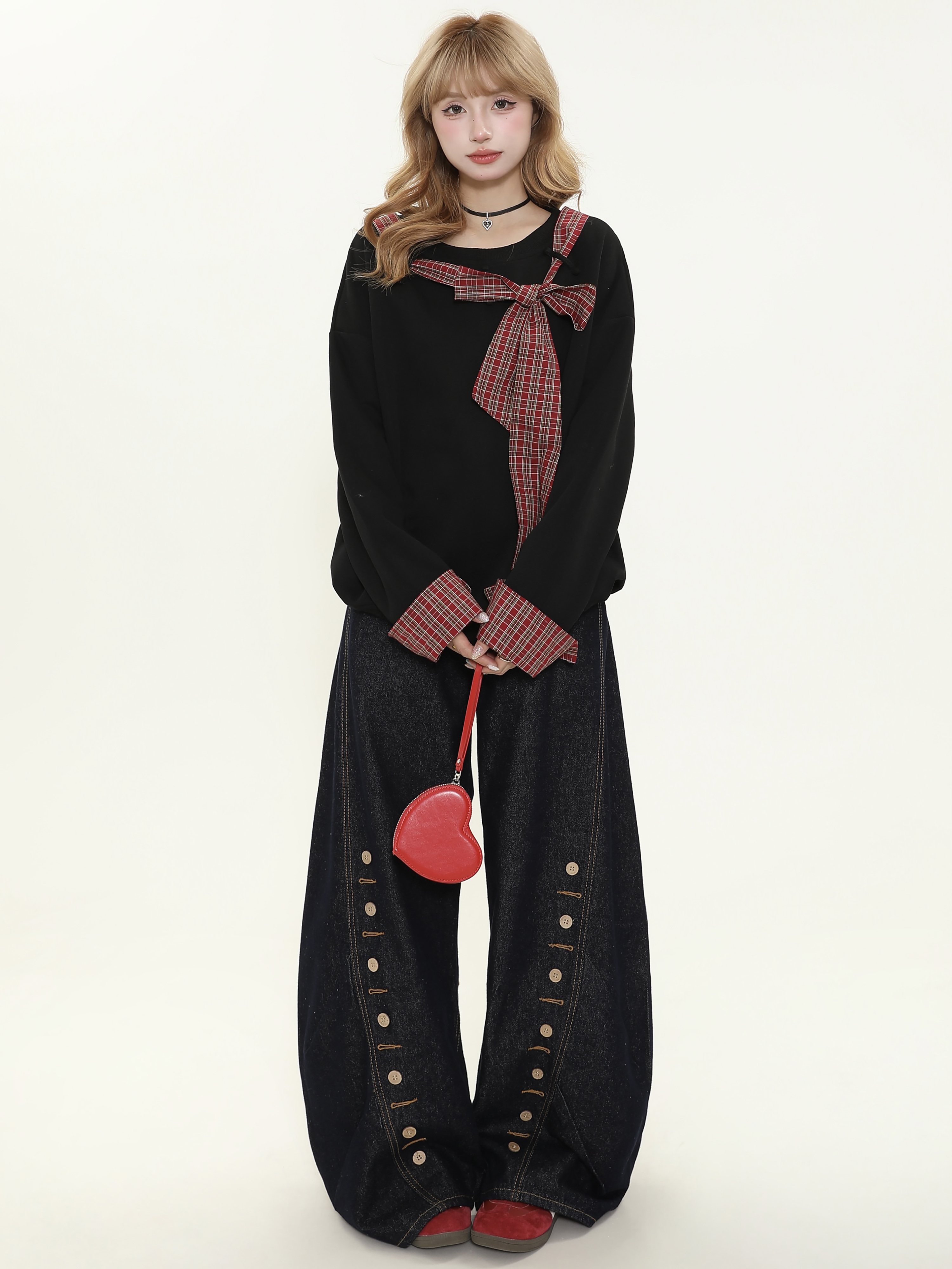 Asymmetrical Shoulder Tie Bow Sweatshirt - Spliced Plaid Casual Loose Slimming Top for Women - Y2K Fashion Asymmetrical Shoulder Tie Bow Sweatshirt - Spliced Plaid Casual Loose Slimming Top for Women - Y2K Fashion