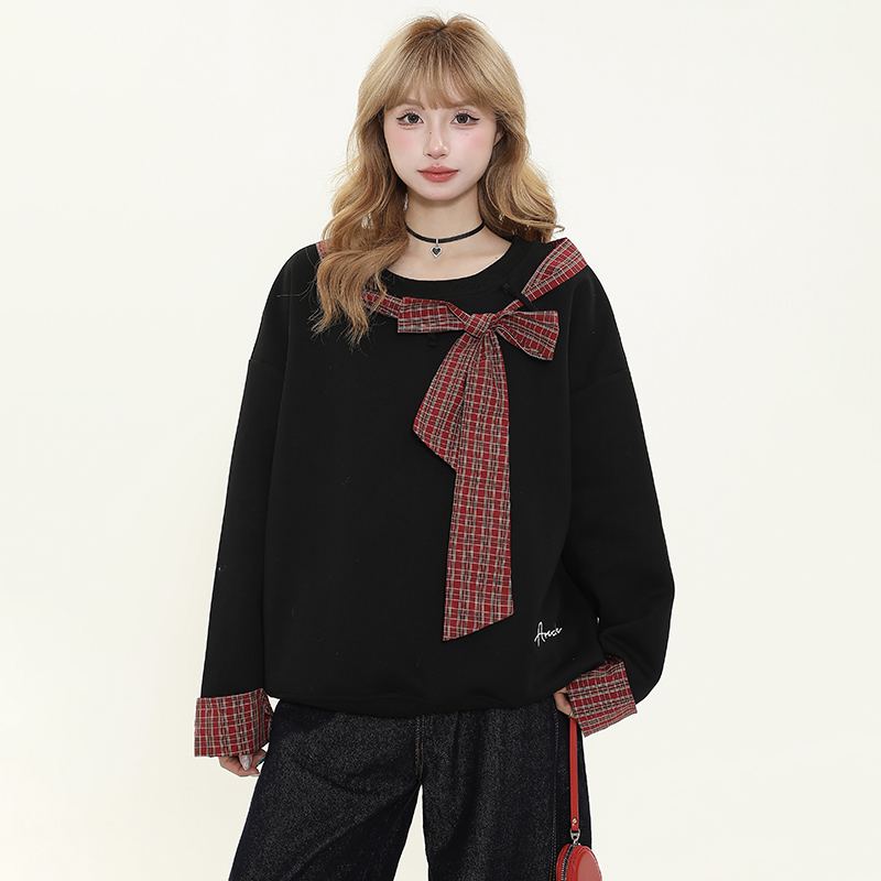 Asymmetrical Shoulder Tie Bow Sweatshirt - Spliced Plaid Casual Loose Slimming Top for Women - Y2K Fashion Asymmetrical Shoulder Tie Bow Sweatshirt - Spliced Plaid Casual Loose Slimming Top for Women - Y2K Fashion