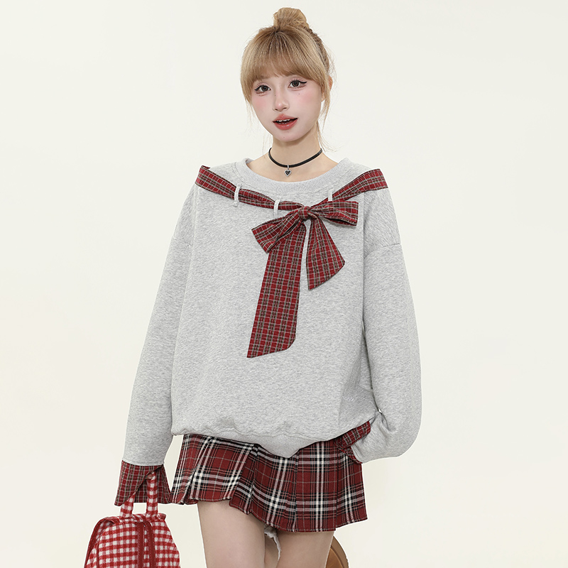 Asymmetrical Shoulder Tie Bow Sweatshirt - Spliced Plaid Casual Loose Slimming Top for Women - Y2K Fashion