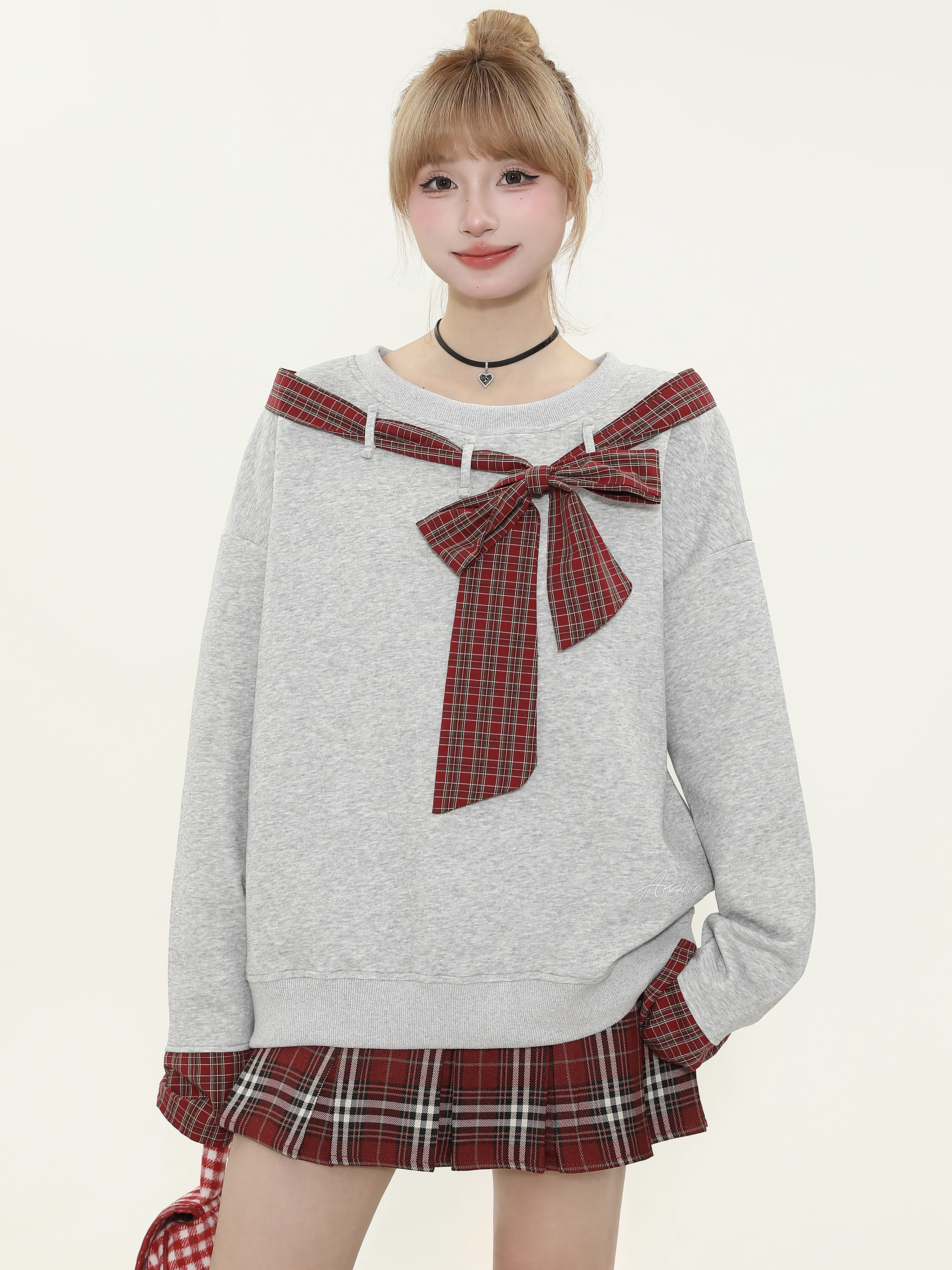 Asymmetrical Shoulder Tie Bow Sweatshirt - Spliced Plaid Casual Loose Slimming Top for Women - Y2K Fashion Asymmetrical Shoulder Tie Bow Sweatshirt - Spliced Plaid Casual Loose Slimming Top for Women - Y2K Fashion