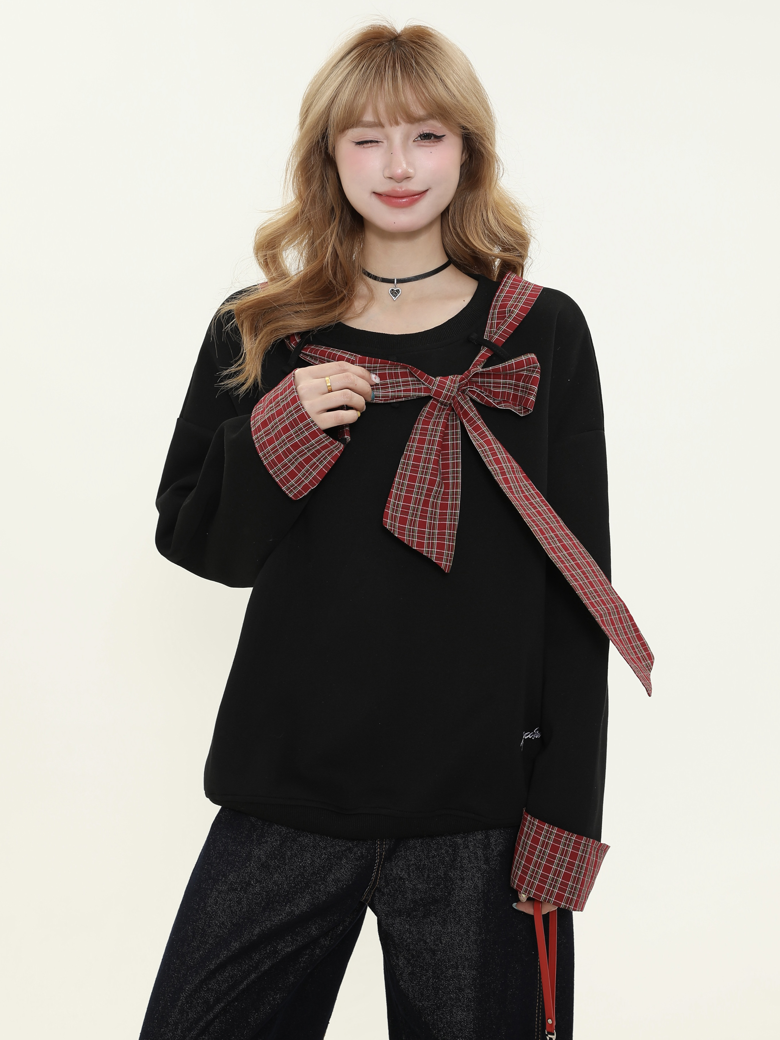 Asymmetrical Shoulder Tie Bow Sweatshirt - Spliced Plaid Casual Loose Slimming Top for Women - Y2K Fashion Asymmetrical Shoulder Tie Bow Sweatshirt - Spliced Plaid Casual Loose Slimming Top for Women - Y2K Fashion