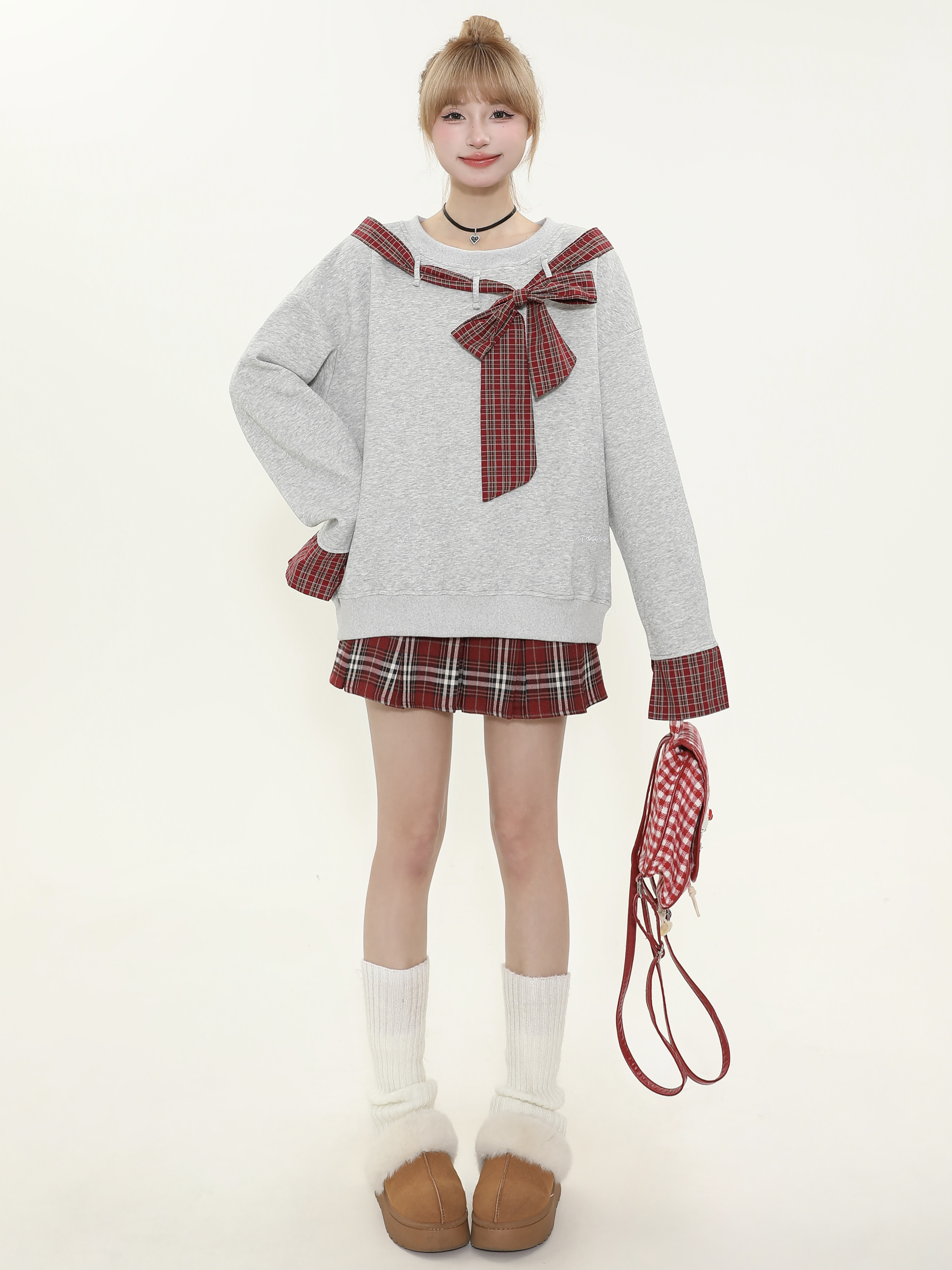 Asymmetrical Shoulder Tie Bow Sweatshirt - Spliced Plaid Casual Loose Slimming Top for Women - Y2K Fashion Asymmetrical Shoulder Tie Bow Sweatshirt - Spliced Plaid Casual Loose Slimming Top for Women - Y2K Fashion