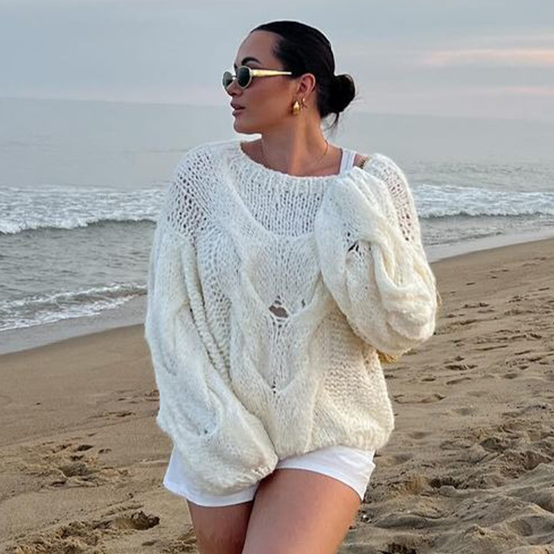 Autumn Casual Loose Fit Round Neck Semi-Transparent Long Sleeve Knitted Sweater Top for Women - Versatile Fall Fashion Autumn Casual Loose Fit Round Neck Semi-Transparent Long Sleeve Knitted Sweater Top for Women - Versatile Fall Fashion