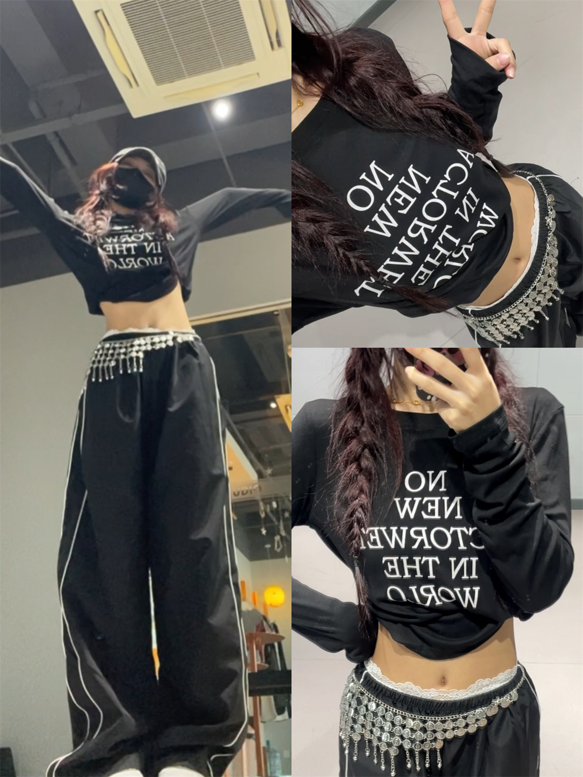 Autumn Winter Jazz Dance Short Top Women's Slim Fit Black Letter Stretch Long Sleeve T-Shirt in Ins Style Y2K Fashion Autumn Winter Jazz Dance Short Top Women's Slim Fit Black Letter Stretch Long Sleeve T-Shirt in Ins Style Y2K Fashion