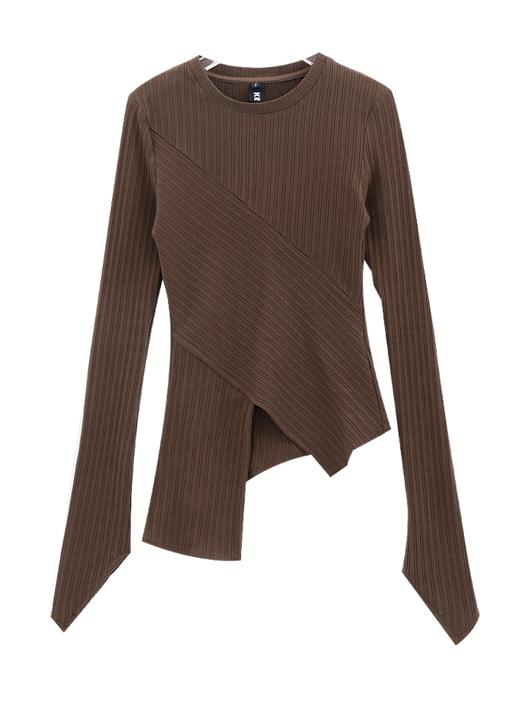 Autumn Winter Women’s Long Sleeve Split Knit T-Shirt - Irregular Slim Fit Layering Top, Casual Essential, Y2K Style Autumn Winter Women’s Long Sleeve Split Knit T-Shirt - Irregular Slim Fit Layering Top, Casual Essential, Y2K Style