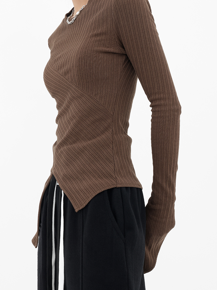 Autumn Winter Women’s Long Sleeve Split Knit T-Shirt - Irregular Slim Fit Layering Top, Casual Essential, Y2K Style Autumn Winter Women’s Long Sleeve Split Knit T-Shirt - Irregular Slim Fit Layering Top, Casual Essential, Y2K Style