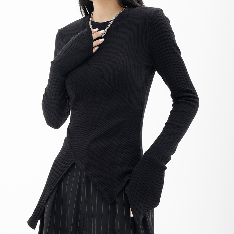 Autumn Winter Women’s Long Sleeve Split Knit T-Shirt - Irregular Slim Fit Layering Top, Casual Essential, Y2K Style Autumn Winter Women’s Long Sleeve Split Knit T-Shirt - Irregular Slim Fit Layering Top, Casual Essential, Y2K Style