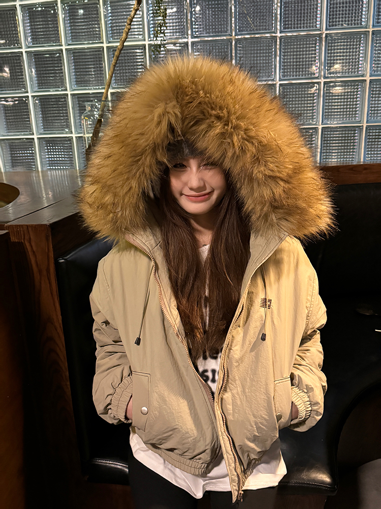 Autumn Winter Women's Vintage Hooded Cotton Jacket with Large Fur Collar, Thick Loose Short Coat, Casual Street Style Fashion