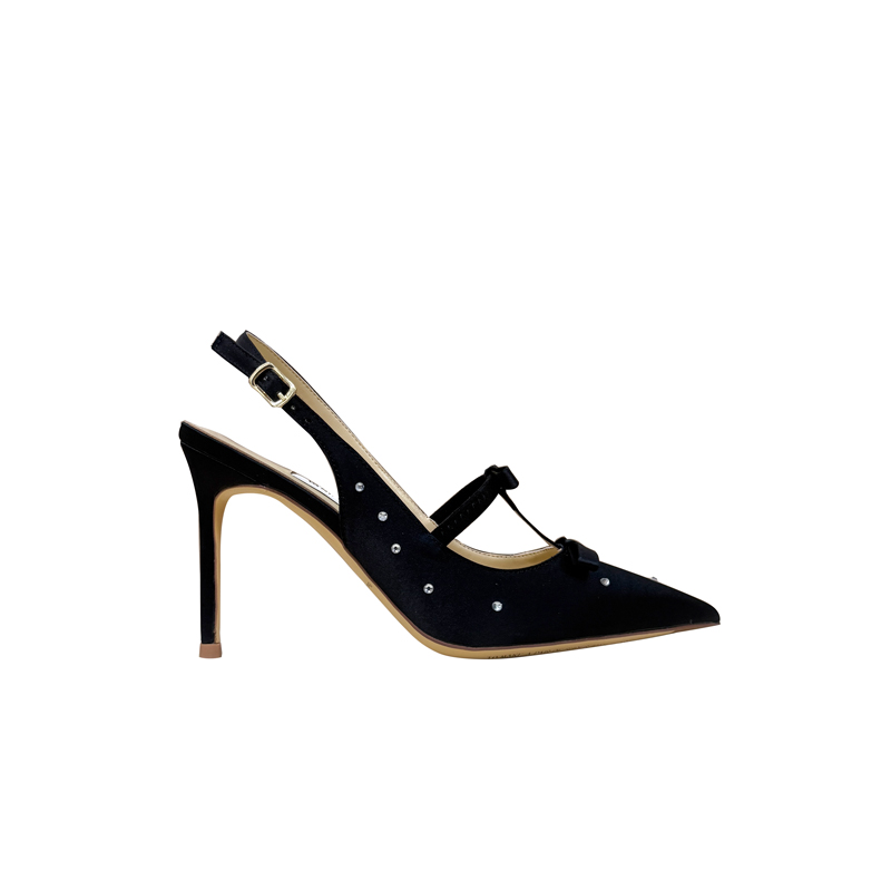 Backless Black Satin High-Heeled Sandals with Rhinestone Bow - One-Strap Design for Chic Nights Out Backless Black Satin High-Heeled Sandals with Rhinestone Bow - One-Strap Design for Chic Nights Out